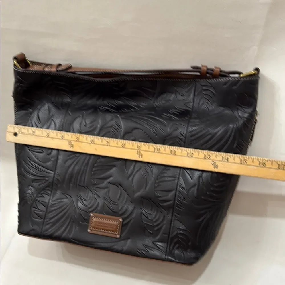 Tignanello Black Leather Brown Palm Leaf Embossed Hobo Purse Tote New No Tags